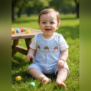 Lil' Cactus Light Blue Puppy Smocked Overalls Sz 6-12M